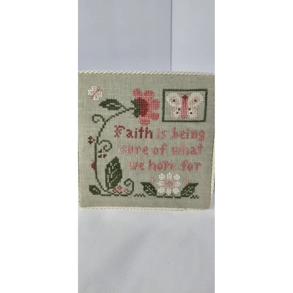 Lot of  2 Framed Cross Stitch Plaques Faith Quote &‎ Christmas Nativity